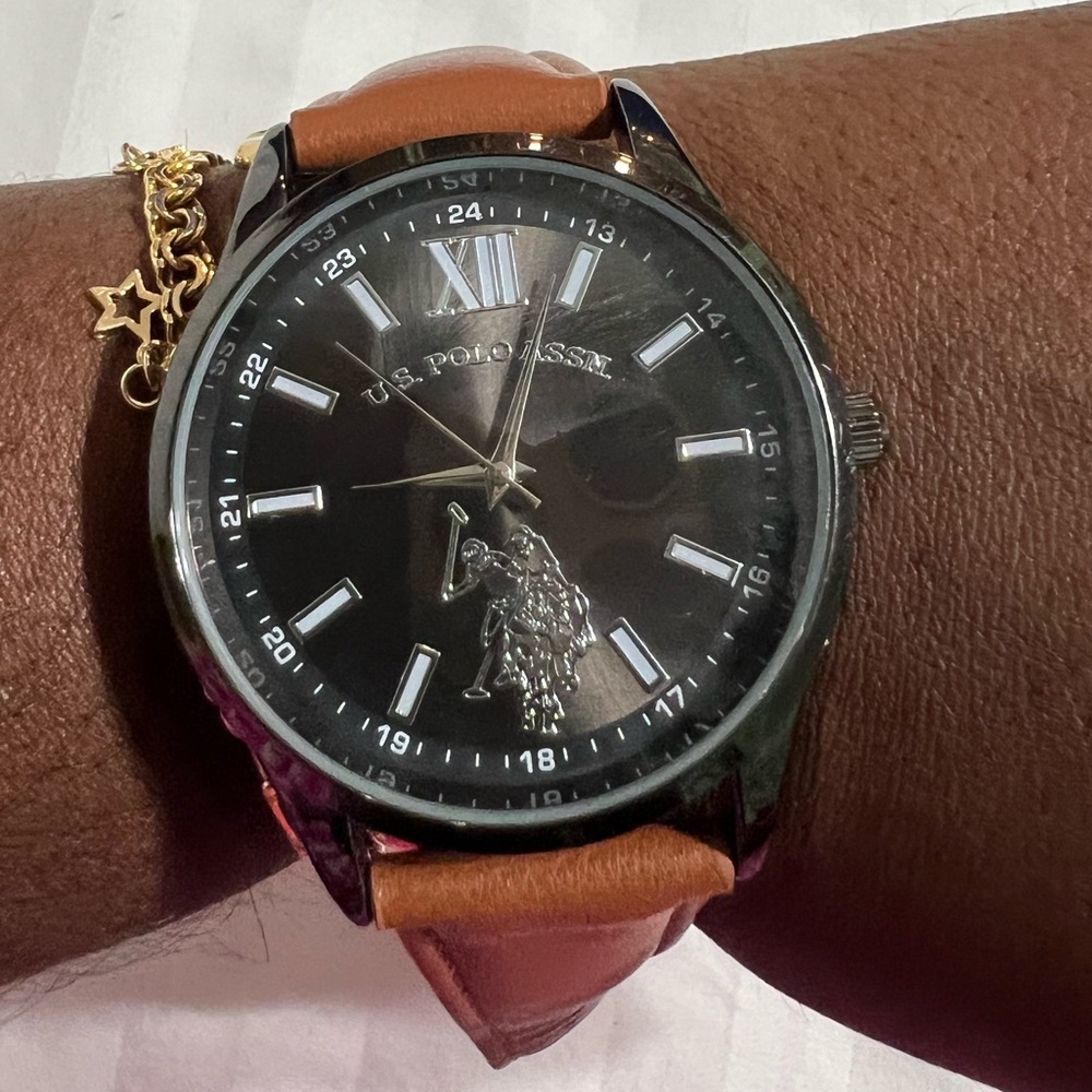 US POLO ASSN MEN UNISEX SIMULATED LEATHER WATCH NO BOX~USED~ WORKING~NEW BATTERY